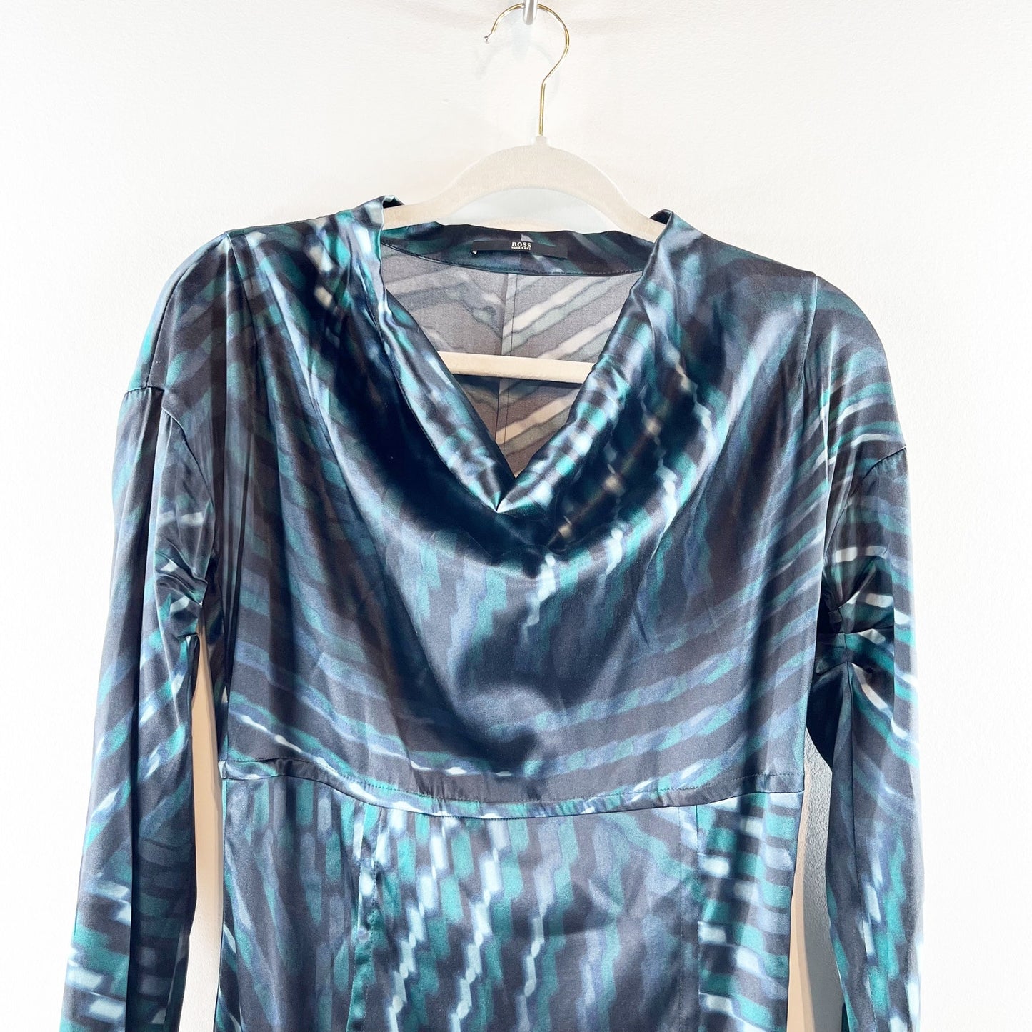 BOSS Hugo Boss Silk Blend Striped Zip Sleeve Cowl Neck Midi Sheath Dress 8