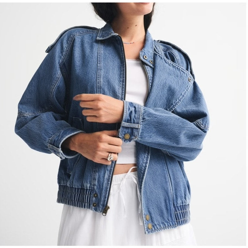 Abercrombie Relaxed Denim Bomber Jacket Medium Wash Blue Small