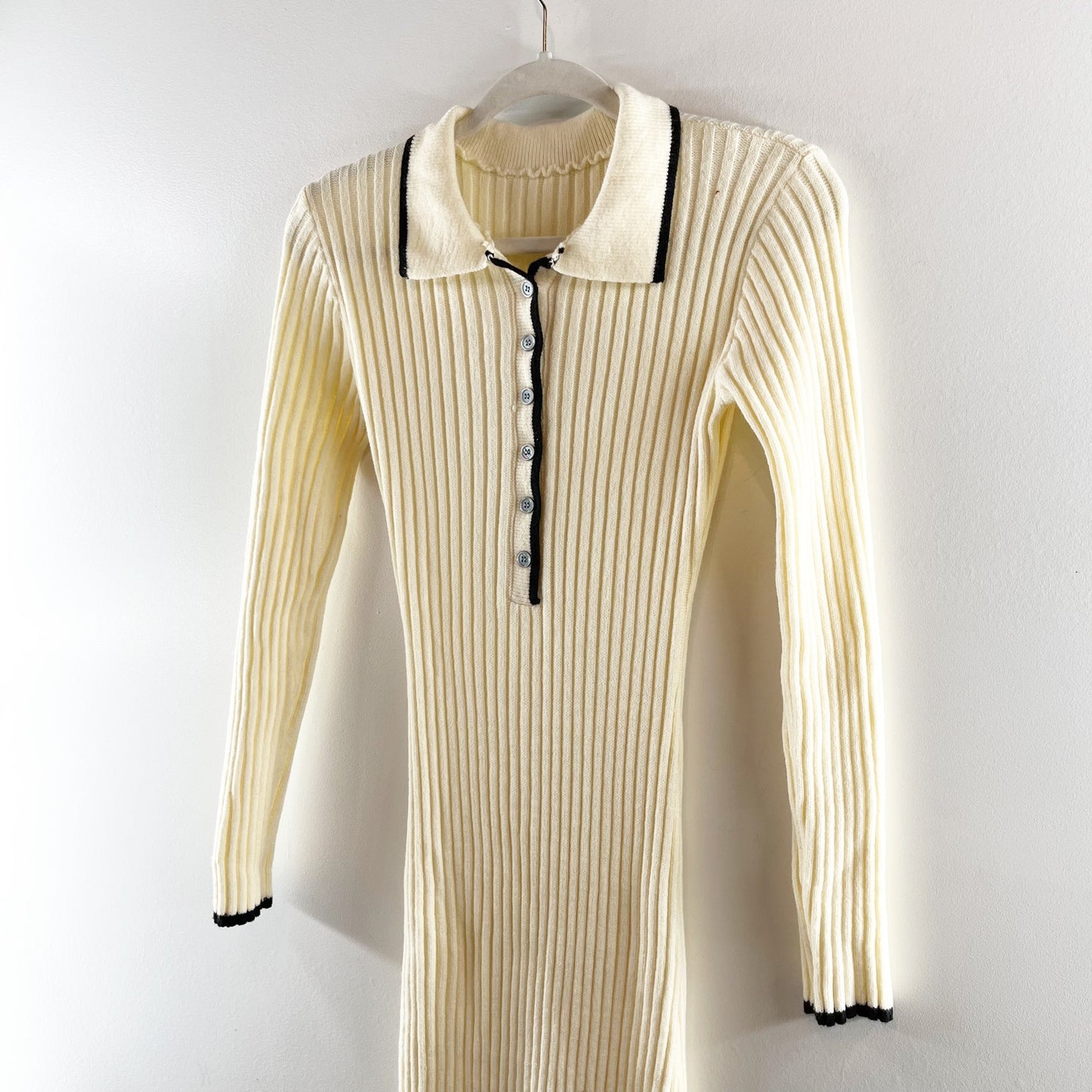 Commense Long Sleeve Collared Ribbed Bodycon Maxi Sweater Dress Cream XS