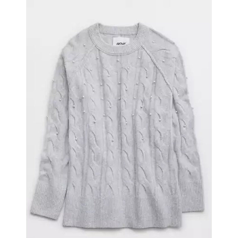 Aerie unReal Crewneck Long Sleeve Cable Pearl Detail Sweater Gray Large