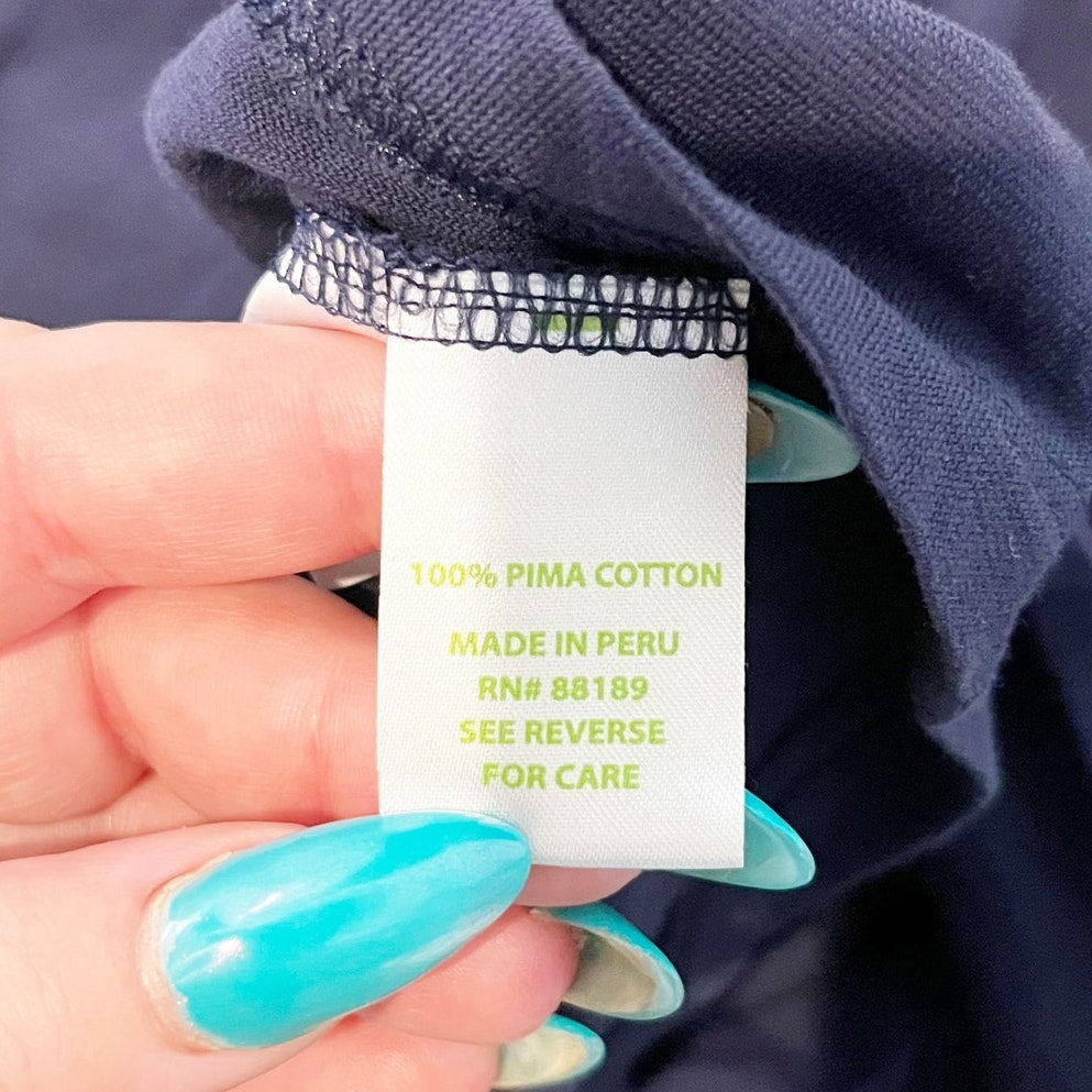Lilly Pulitzer Pima Cotton Popover Roll Tab Sleeves Pintuck Henley Top Navy Med