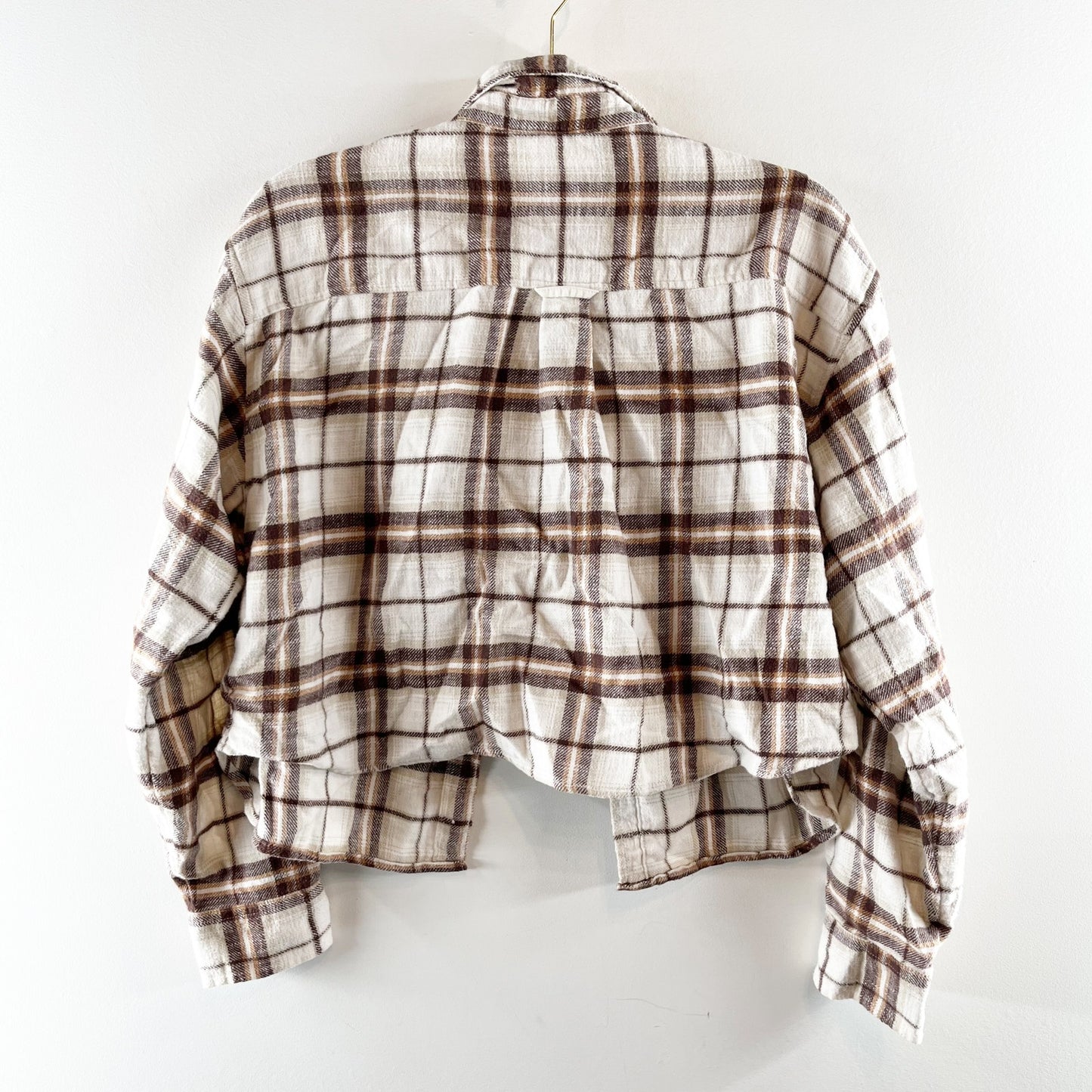 American Eagle Cozy Cabin Cropped Flannel Button-Up Shirt Brown White Medium
