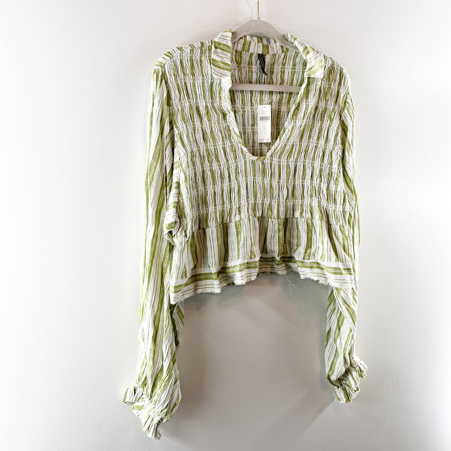 Anthropologie Long Balloon Sleeve Scoop Neck Collared Blouse Green White Small