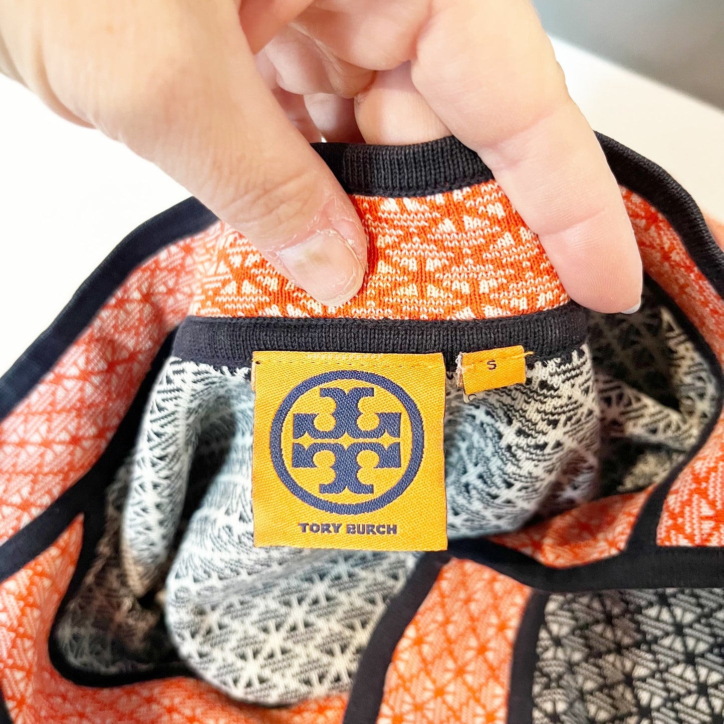 Tory Burch Colorblock Geometric Knit Tunic Sweater Top Blue Orange Small