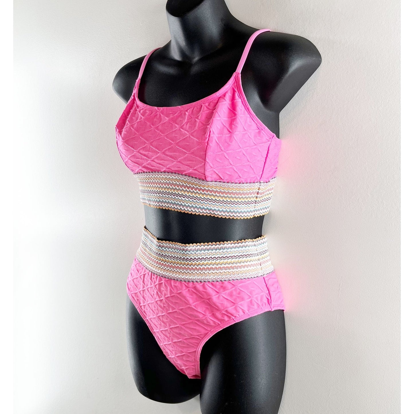 CUPSHE Geo-Stitch Scoop Bralette High Waist Bikini Set Pink Medium