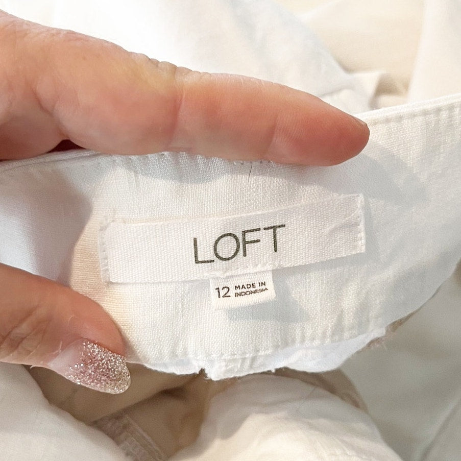 LOFT The High Rise Linen Peyton Trouser Wide Leg Pants White 12