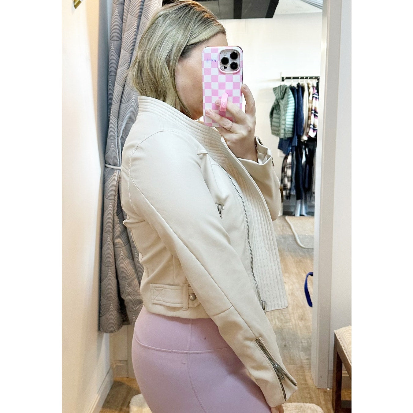 Blank NYC Faux Leather Long Sleeve Crop Asymmetric Full Zip Moto Jacket Cream M