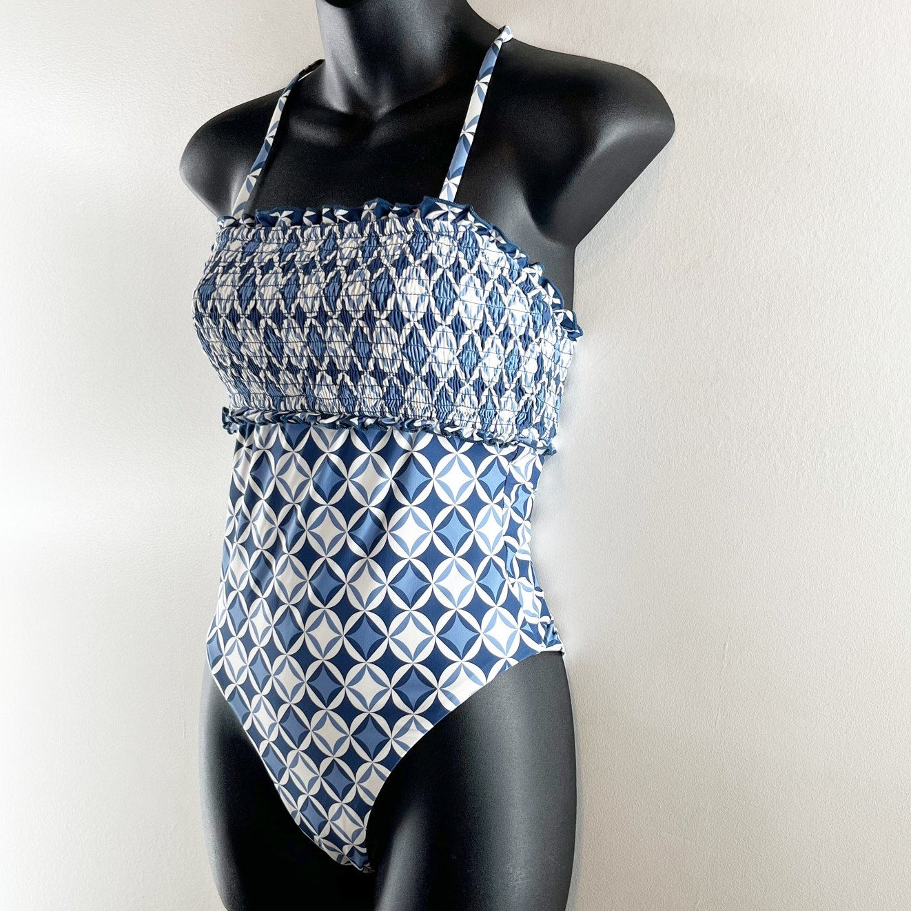 Anthropologie Iris Geometric Smocked Halter One-Piece Swimsuit Blue Small