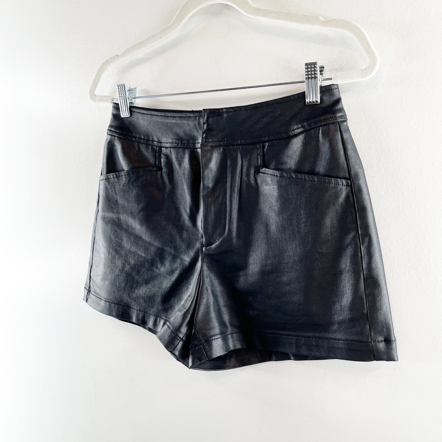 Sanctuary Coated Mya Faux Leather High Waisted Trouser Shorts Black 27