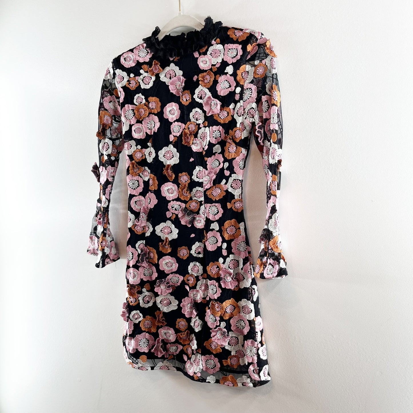 French Connection 3D Floral Applique Mini Dress Pink Black 4
