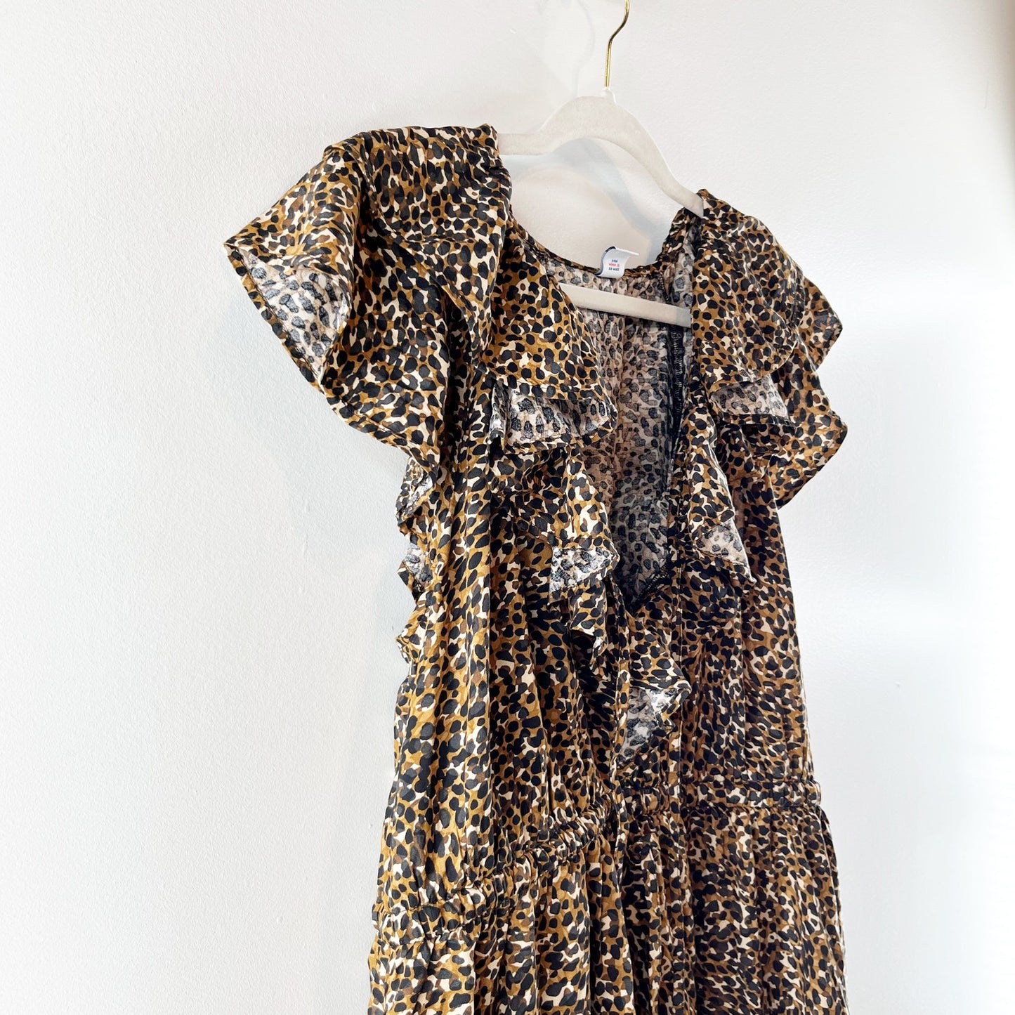 Old Navy Waist Defined Ruffle Trim Mini Dress Leopard Wild Spots Brown Large