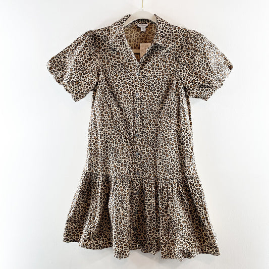 J. Crew Bubble Short Puff Sleeve Button Up Drop Waist Leopard Print Mini Dress