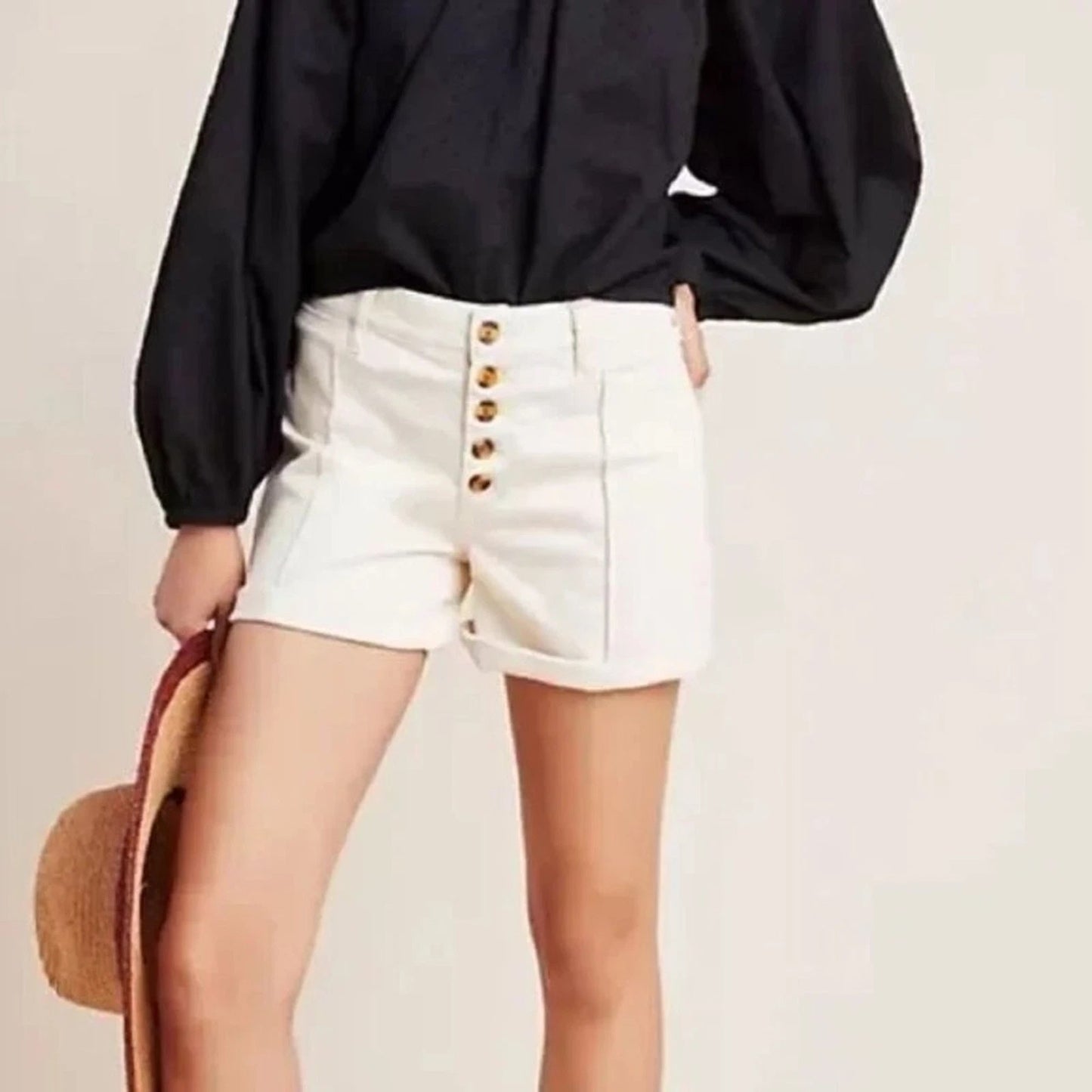 Pilcro and the Letterpress Slim Boyfriend High Rise Button Fly Shorts Cream 30