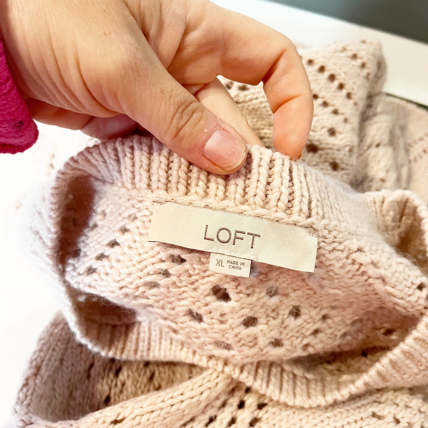 LOFT Pointelle Knit Long Sleeve Crewneck Sweater Pink XL
