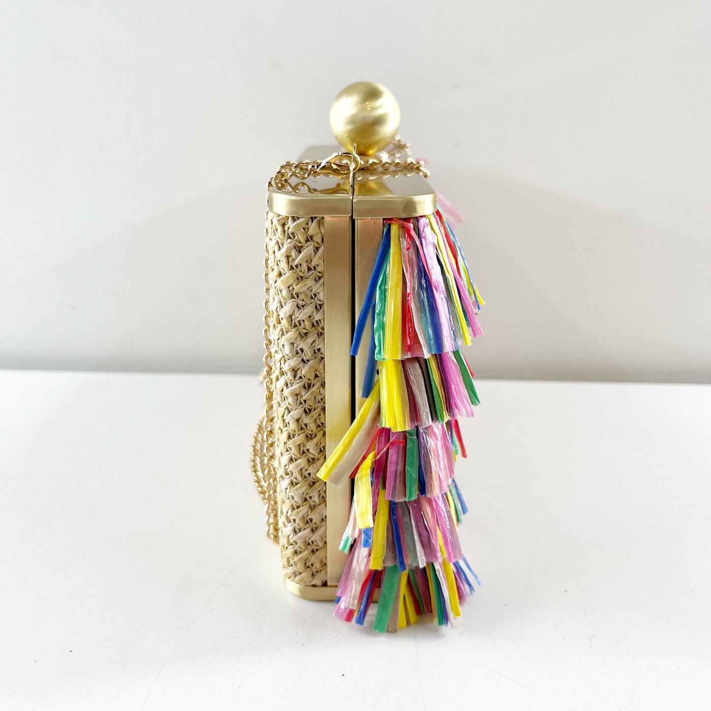 Olga Berg Carlita Carnivale Clutch Chain Crossbody Fringe Straw Bag Purse