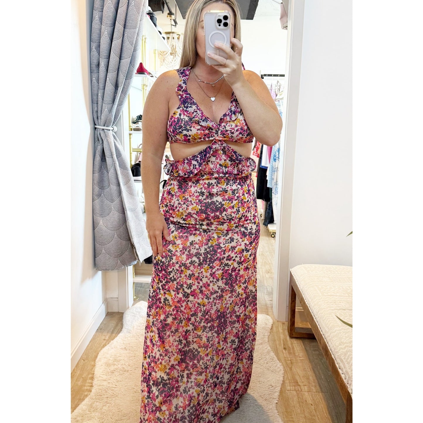 Dee Elly Floral Print Ruffle Trim Cut Out Chiffon Maxi Dress Purple Pink Small