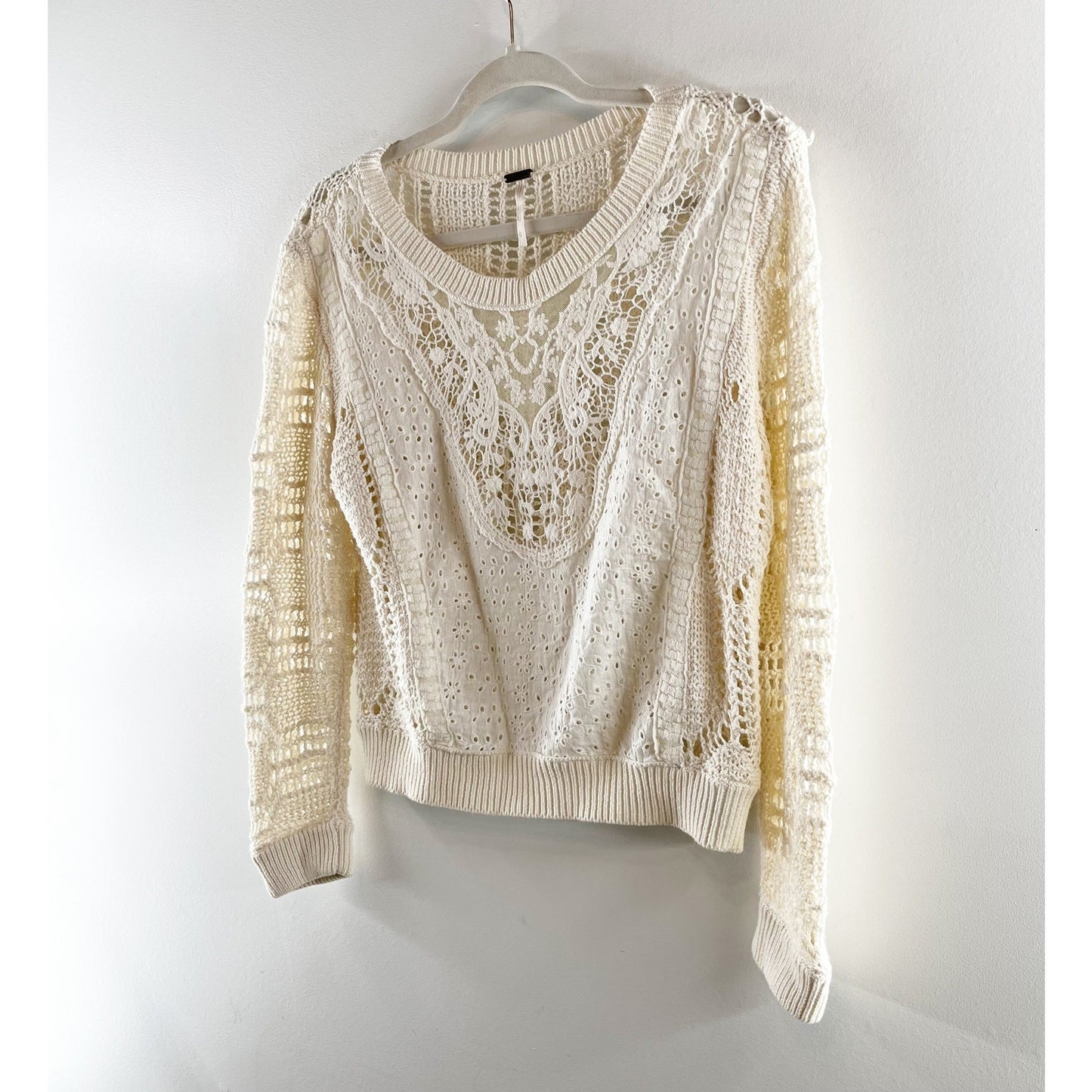 Free People Cotton Crochet Long Sleeve Crewneck Sweater Ivory Large