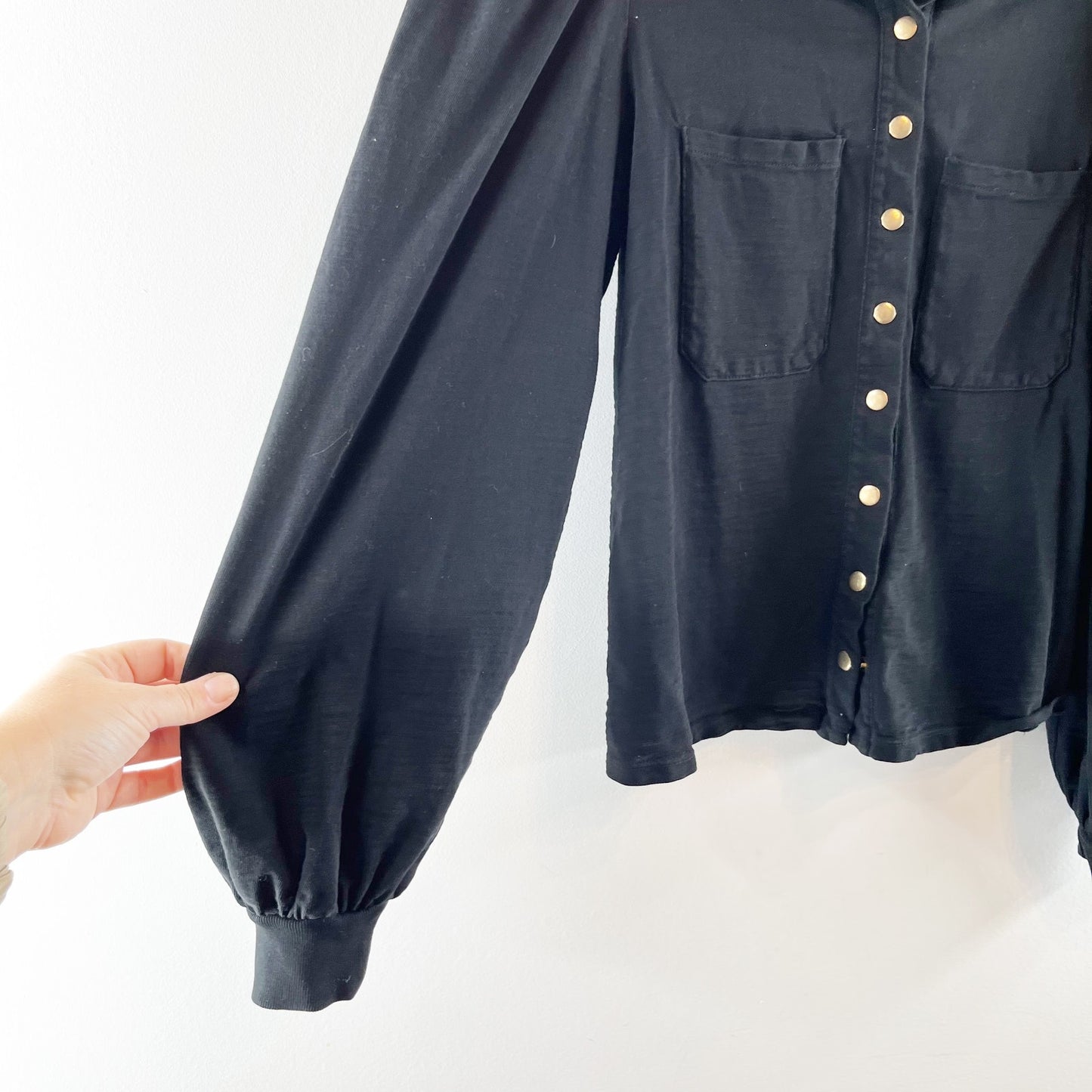 Nation LTD Desta Femme Bishop Sleeve Collared Snap Button Shirt Black Medium