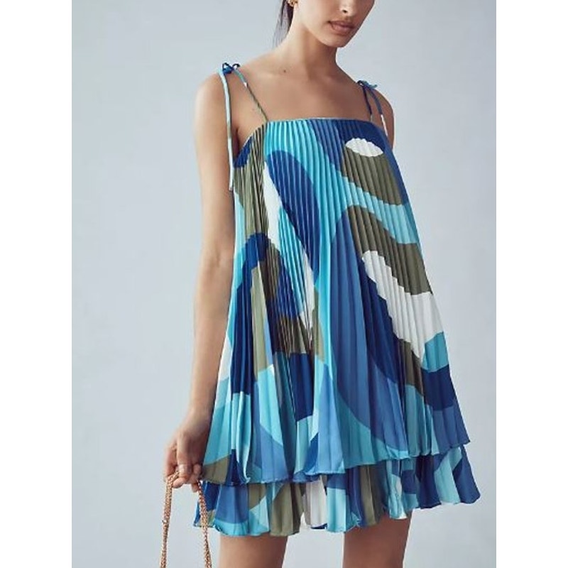 Hutch Anthropologie Tie Straps Abstract Printed Pleated Lined Romper Blue Large