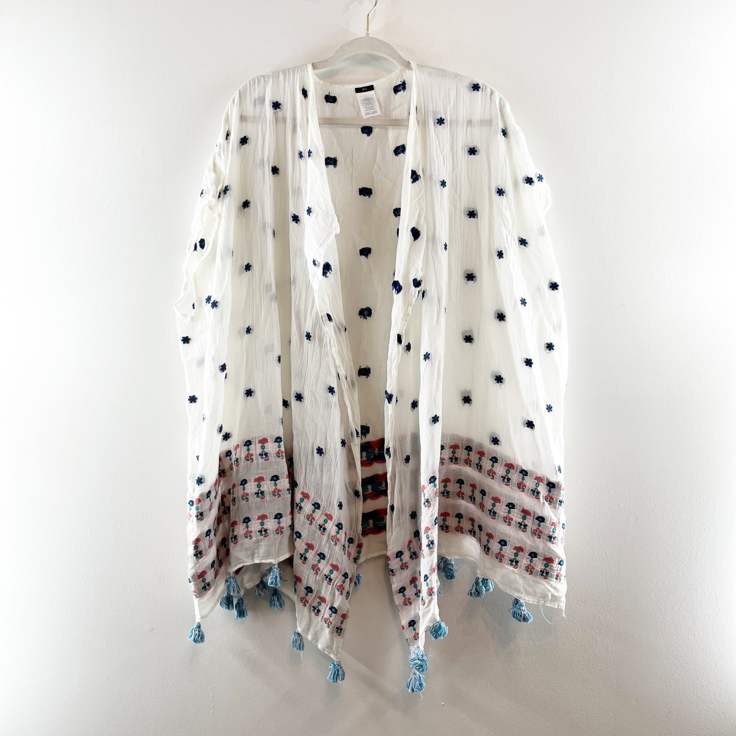 J. Crew Embroidered Tassel Trim Cotton Boho Beach Cover Up Poncho White