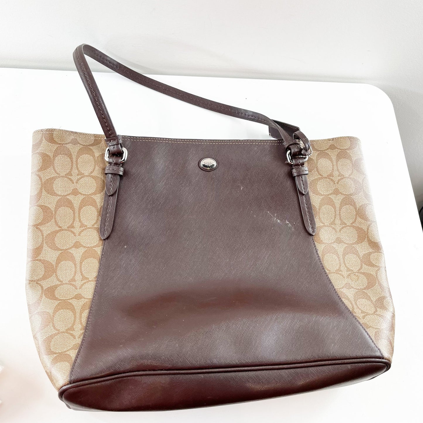Coach Peyton Leather Canvas Signature C Tote Purse Bag Brown