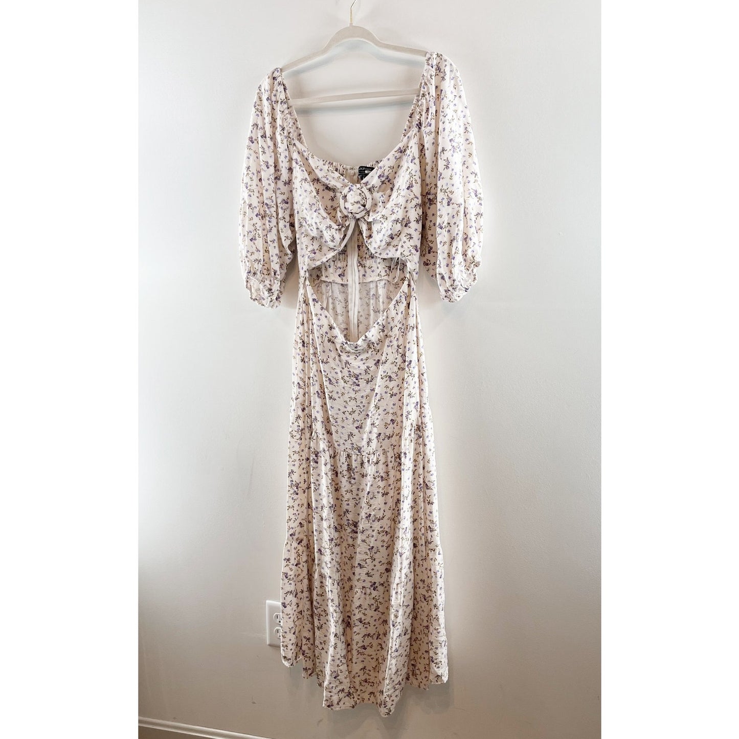 MINKPINK Hailey Floral Puff Sleeve Cutout Midi Dress Off-White Purple XL