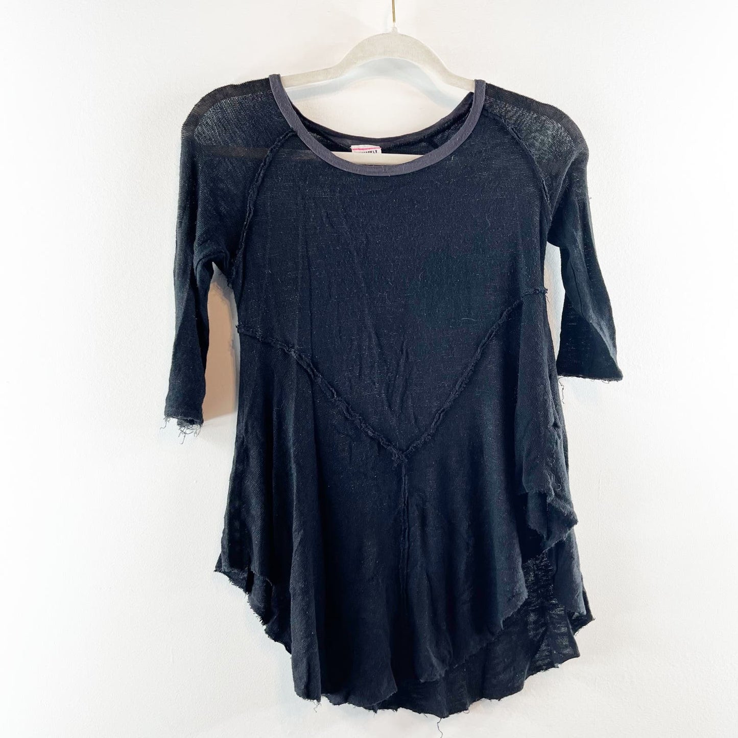 Free People Intimately Sheer Three Quarter Sleeve Weekend Layering Top Black XS