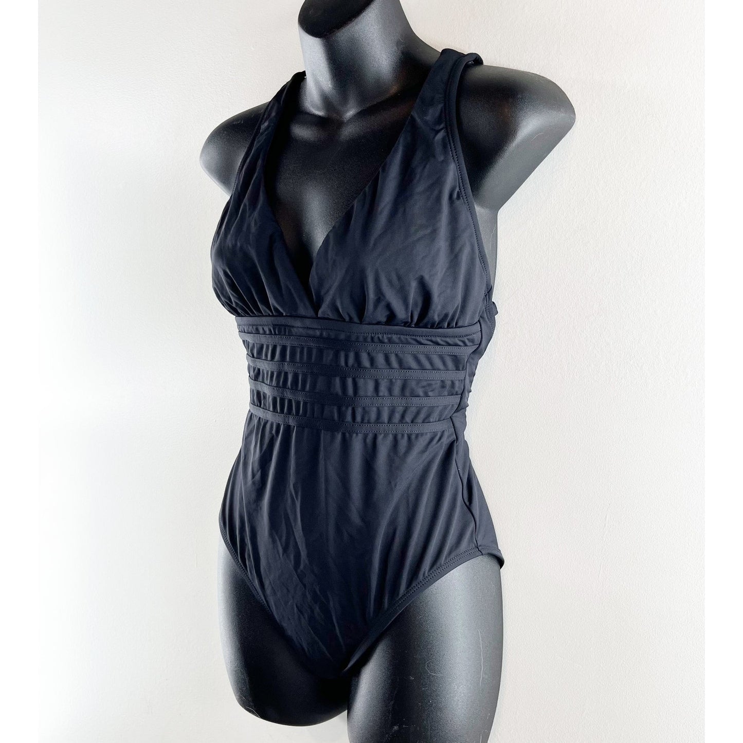 LA Blanca Plunge Front X Criss Cross Strappy Back One Piece Bathing Suit Black 8