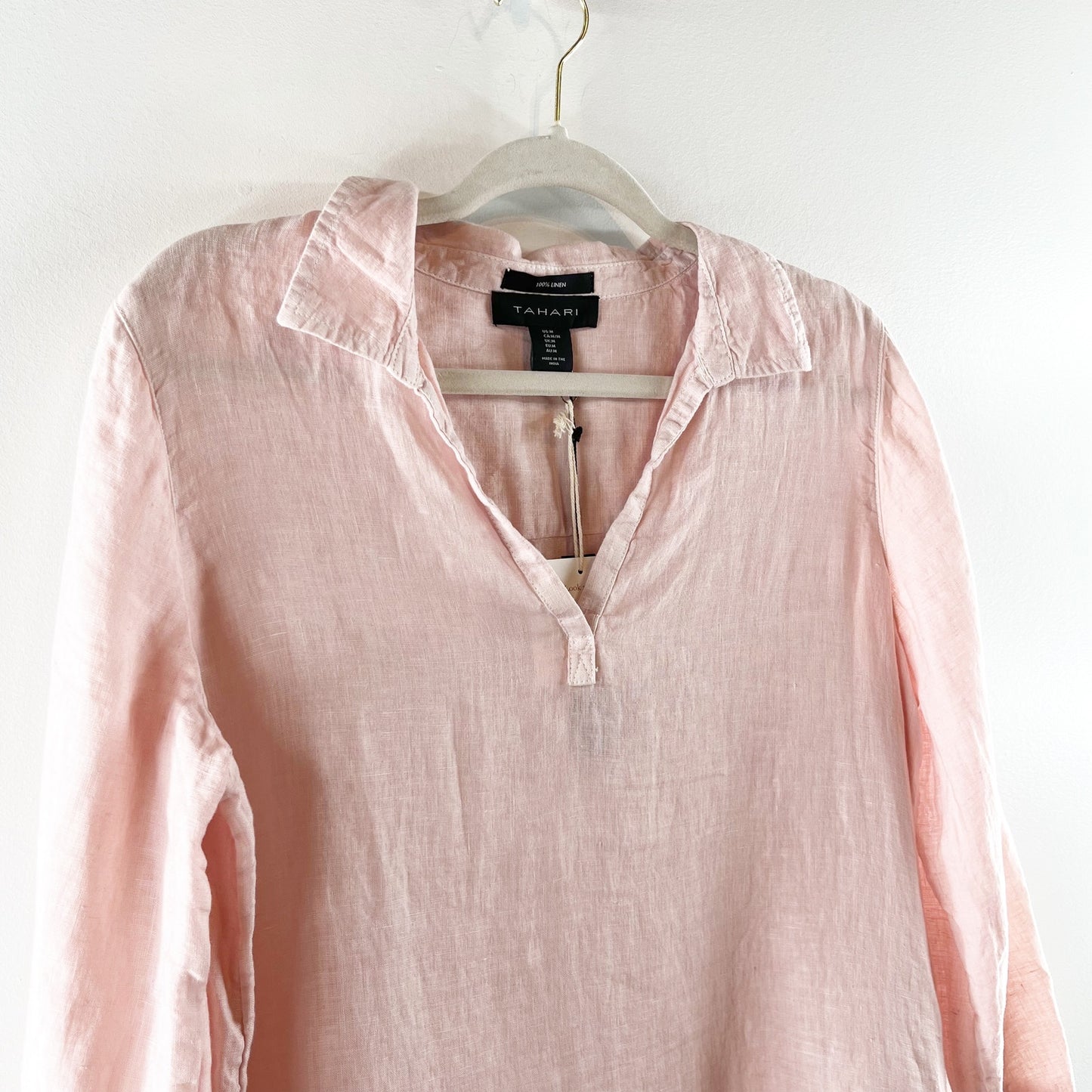 Tahari Linen V Neck Polo Tunic Top Blouse Shirt Salmon Coral Pink Medium