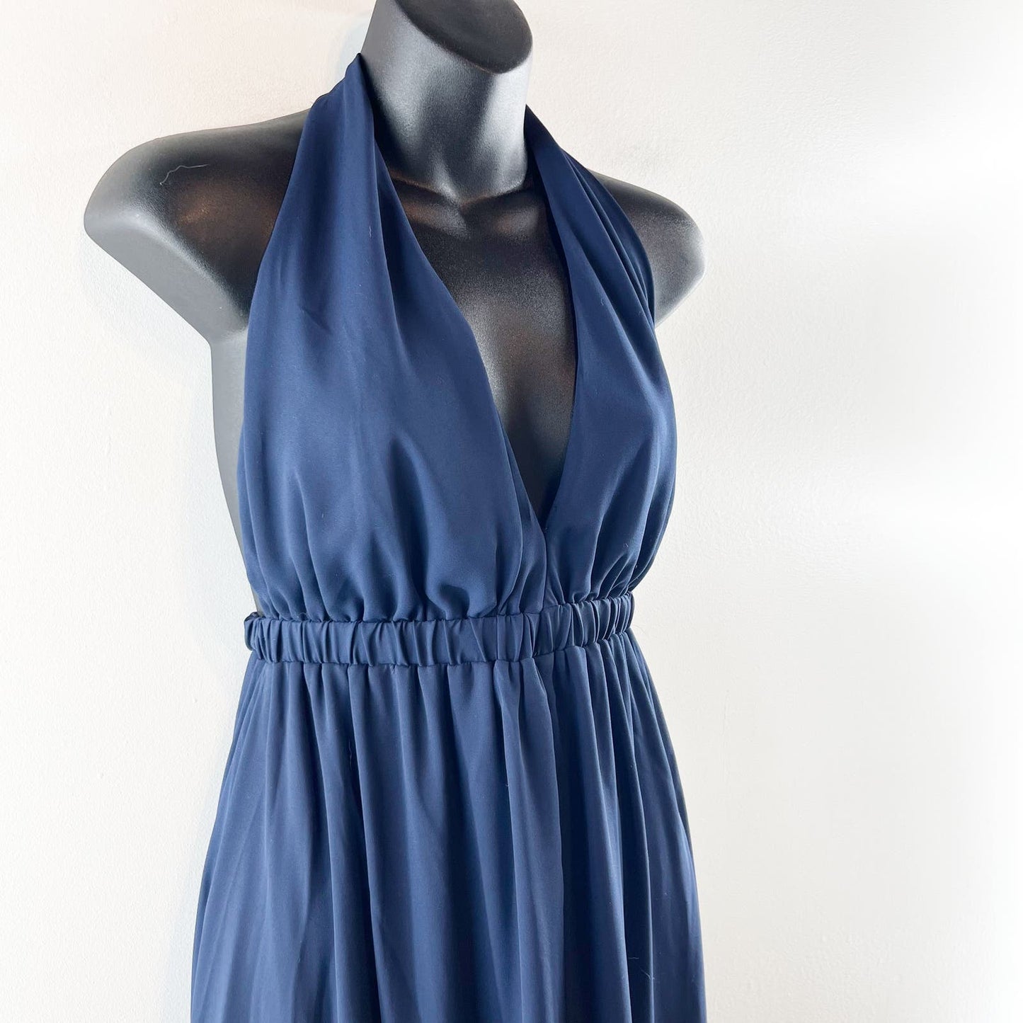 Show Me Your Mumu Plunge V Neck Halter Lined Maxi Gown Dress Navy Blue Medium