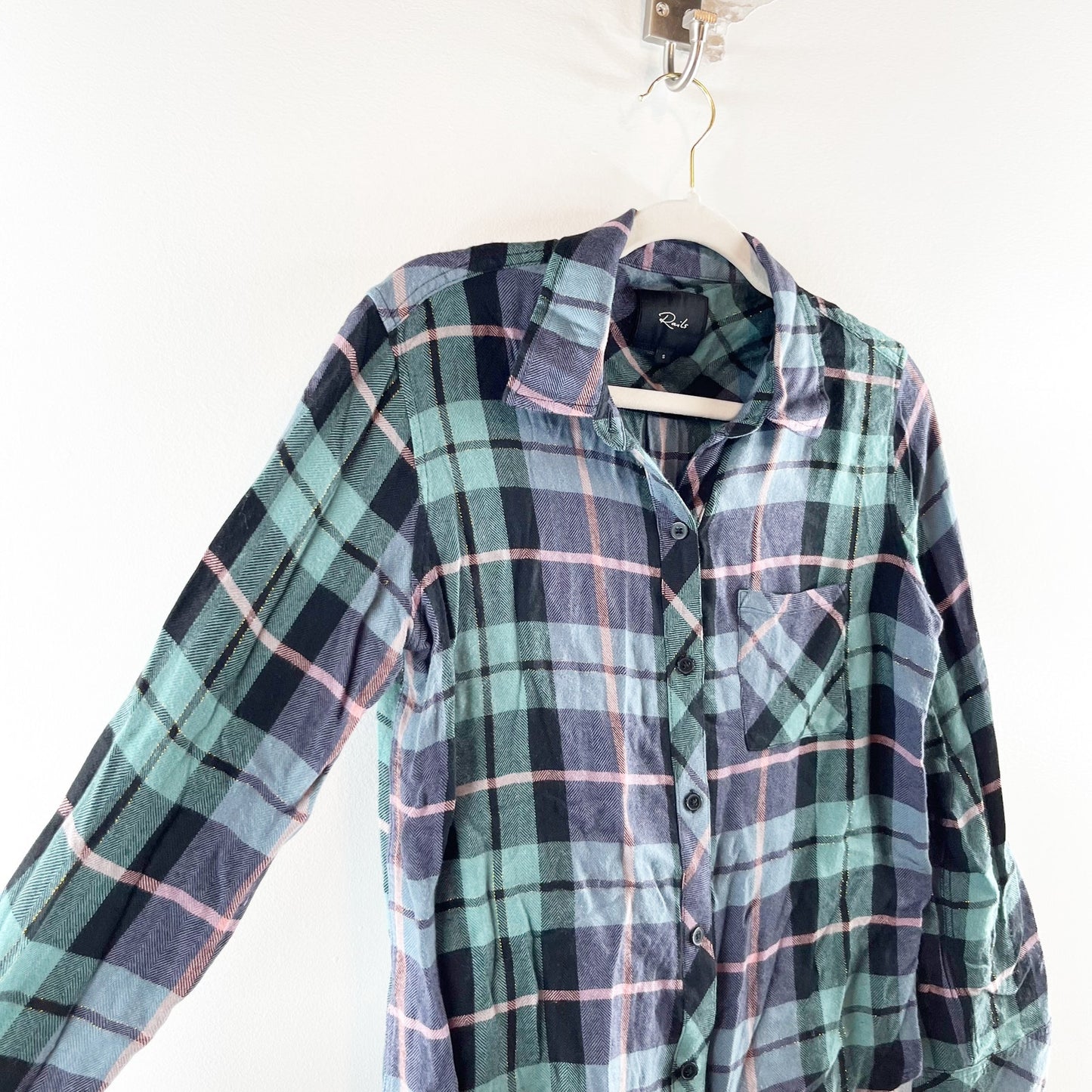 Rails Hunter Plaid Button Up Long Sleeve Shirt Teal Navy Blue Pink Small