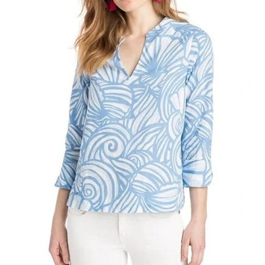 Vineyard Vines Blue and White Nautilus Shell Print Linen Blend Tunic Top XL