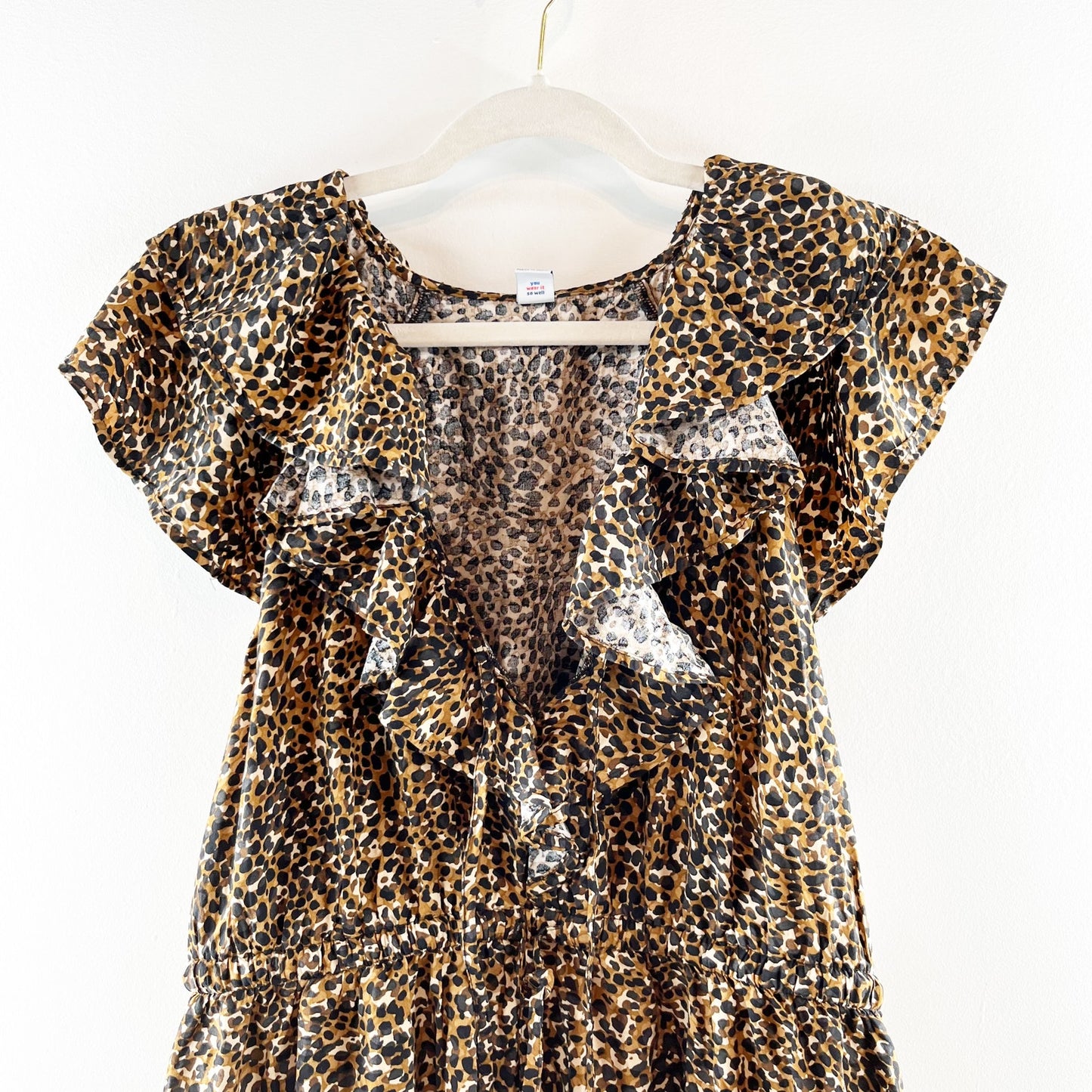 Old Navy Waist Defined Ruffle Trim Mini Dress Leopard Wild Spots Brown Large