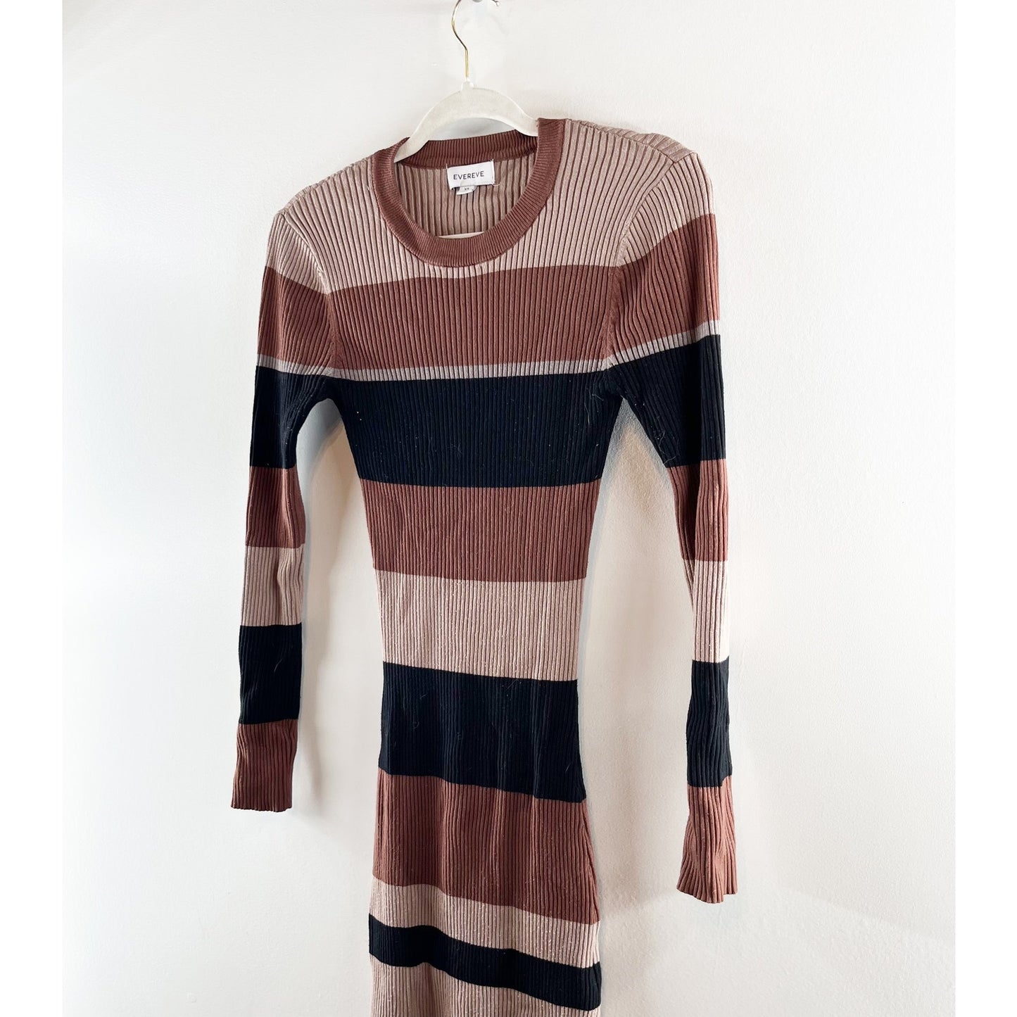 Evereve Ribbed Long Sleeve Striped Sweater Midi Dress Brown XS