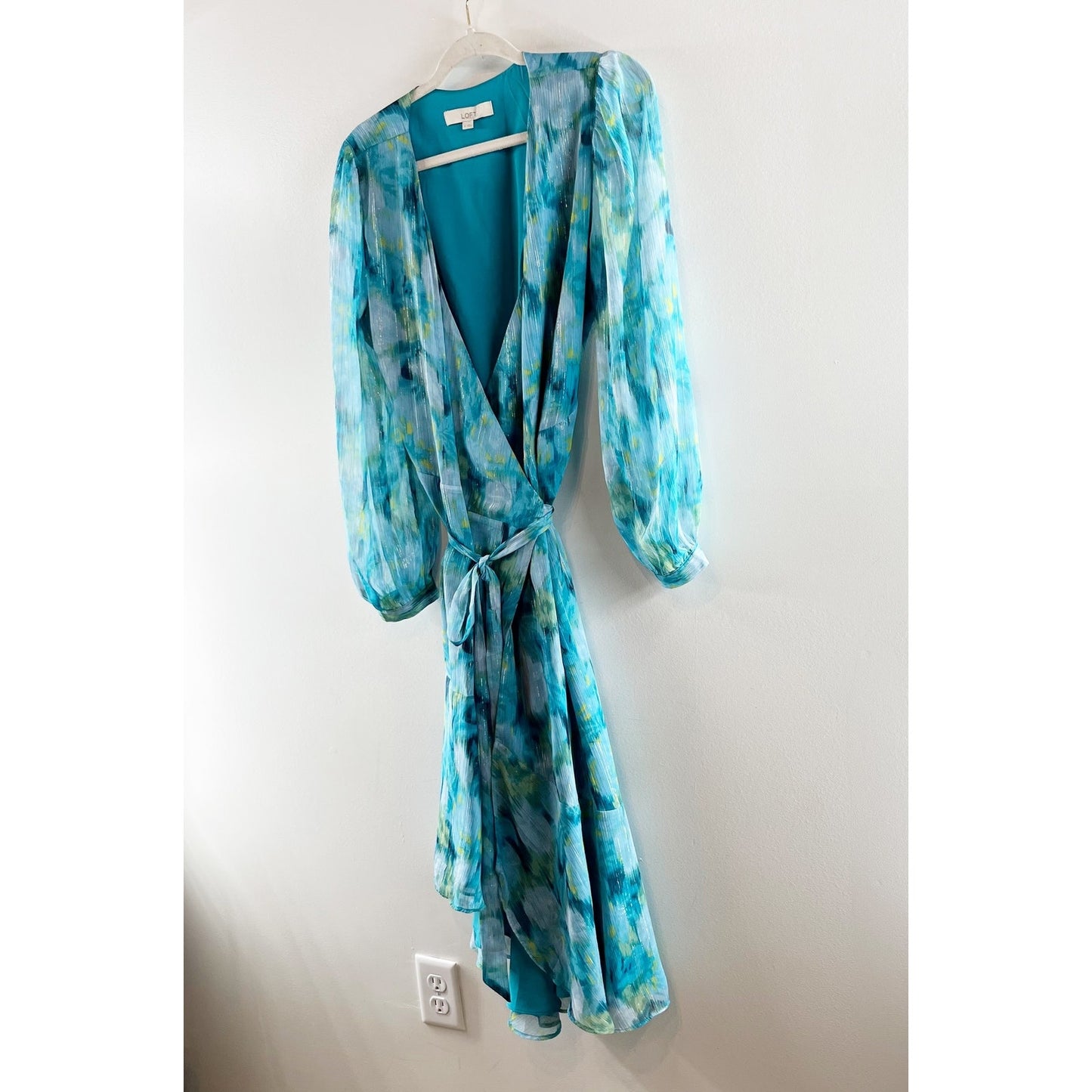 Loft Watercolor Floral Chiffon Puff Long Sleeve Midi Wrap Dress  Blue 10