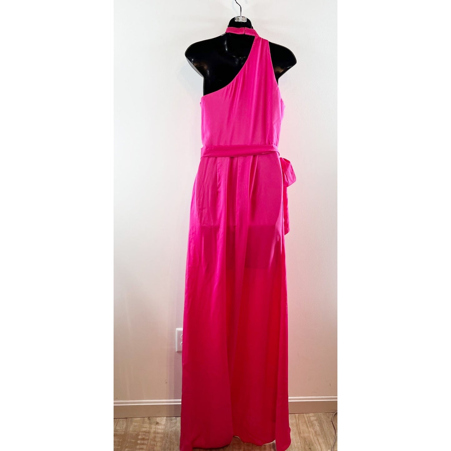 Stacees Asymmetrical Choker Belted One Shoulder Maxi Dress Gown Pink 6