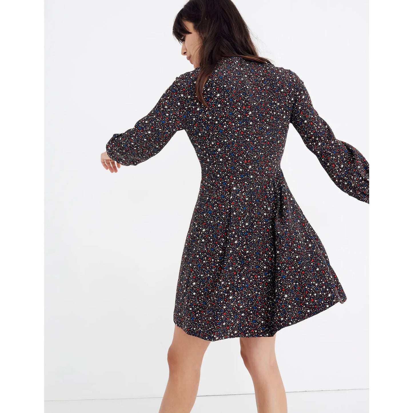 Madewell Long Sleeve Balsam Tie Neck Mini Silk Dress in Starry Night Black 4