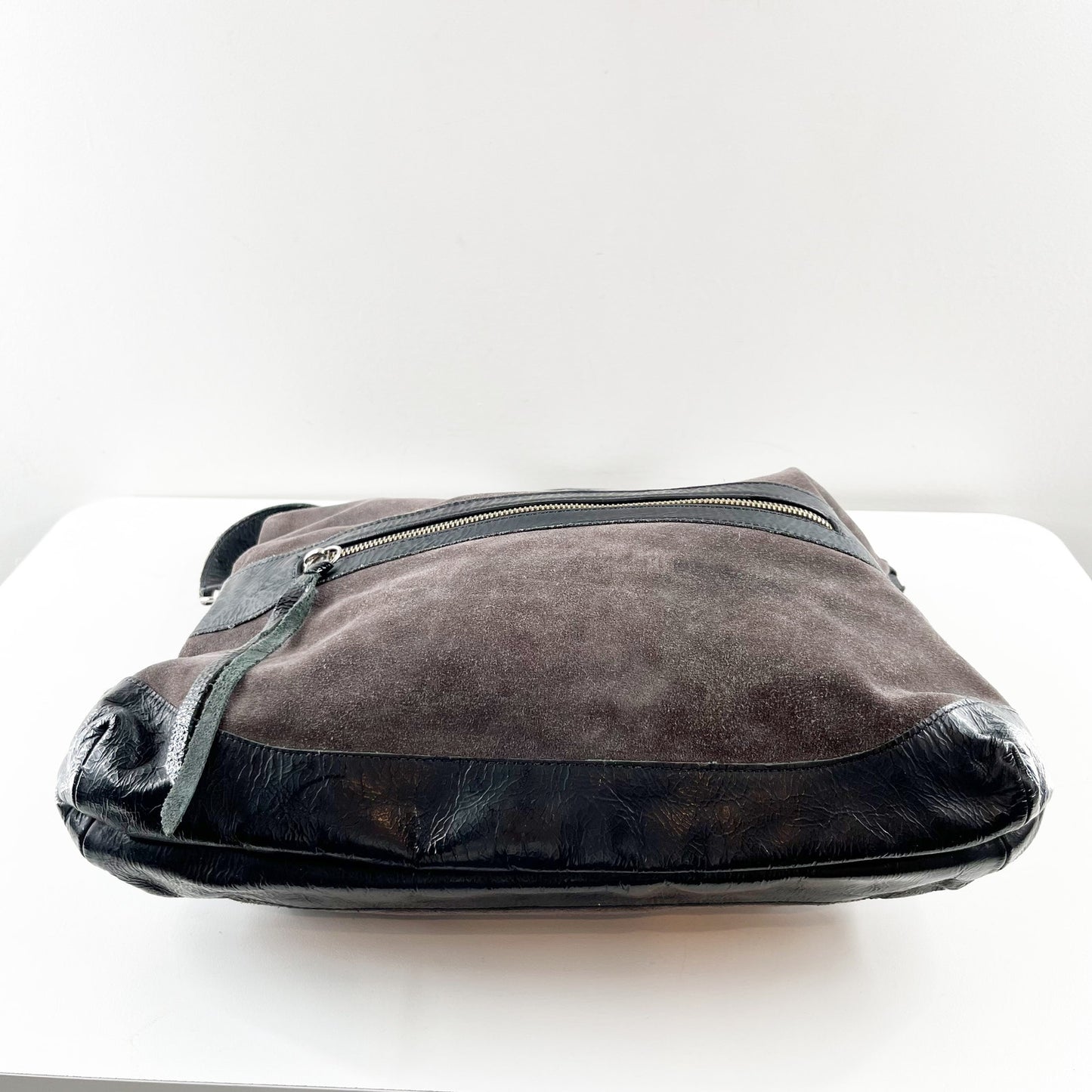 Foley + Corinna Fold Over Purse Handbag Brown Suede & Black Patent