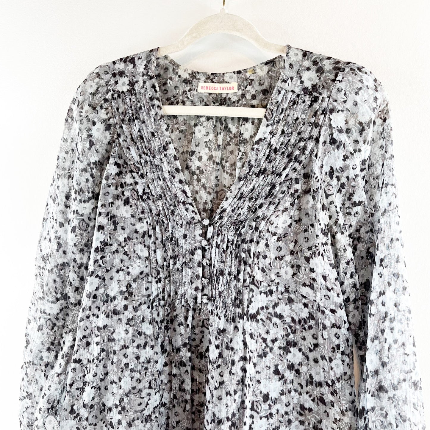 Rebecca Taylor Floral Print Long Sleeve Silk Blend Button Blouse Gray Medium