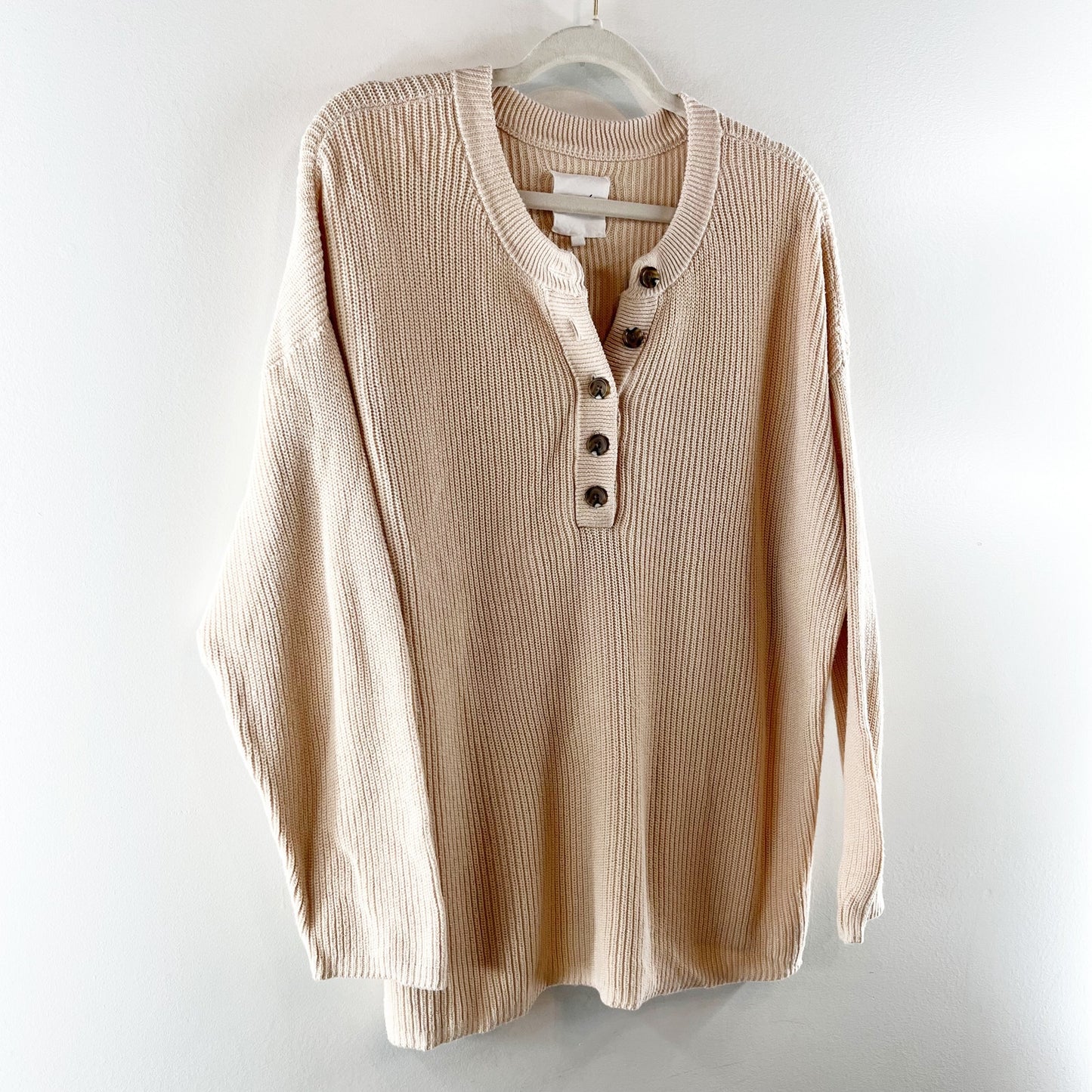 Aerie Long Sleeve Ribbed Oversized Henley Sweater Beige Tan Medium