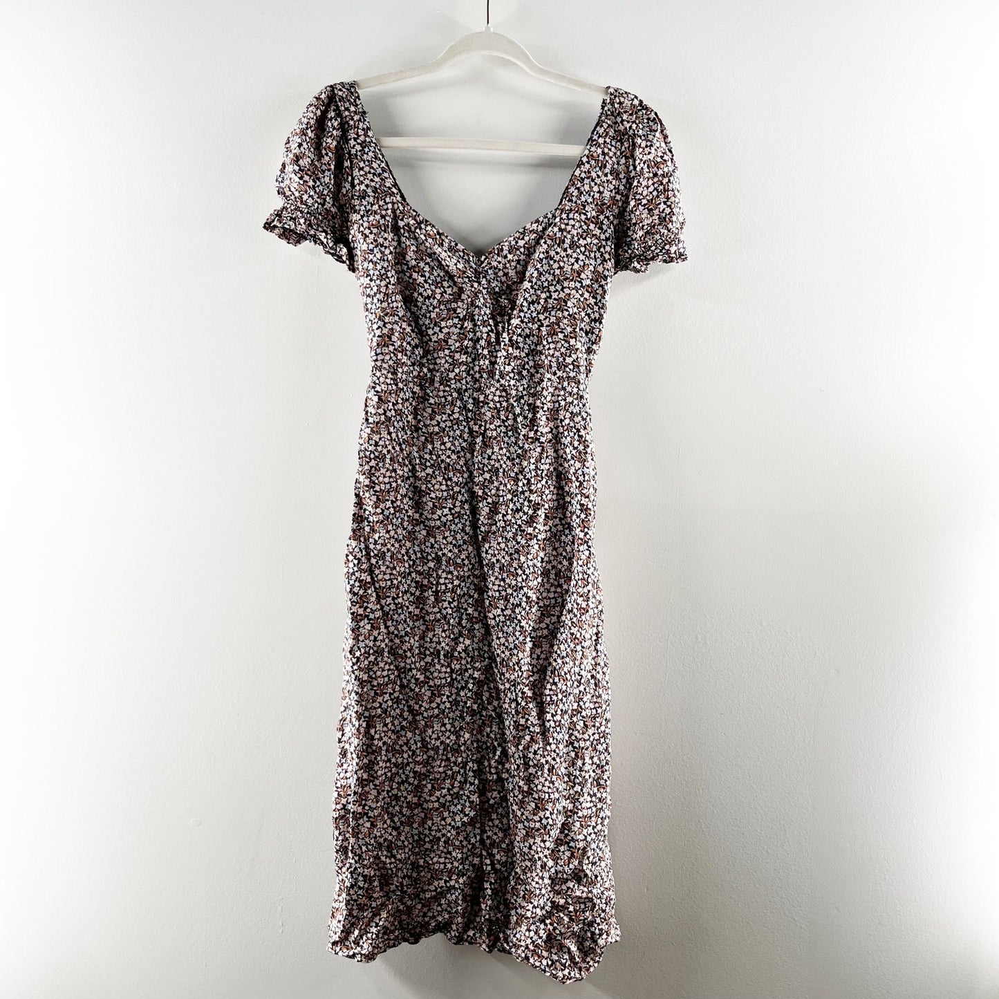 Billabong Floral Sweetheart Neckline Short Sleeve Midi Dress Brown XS