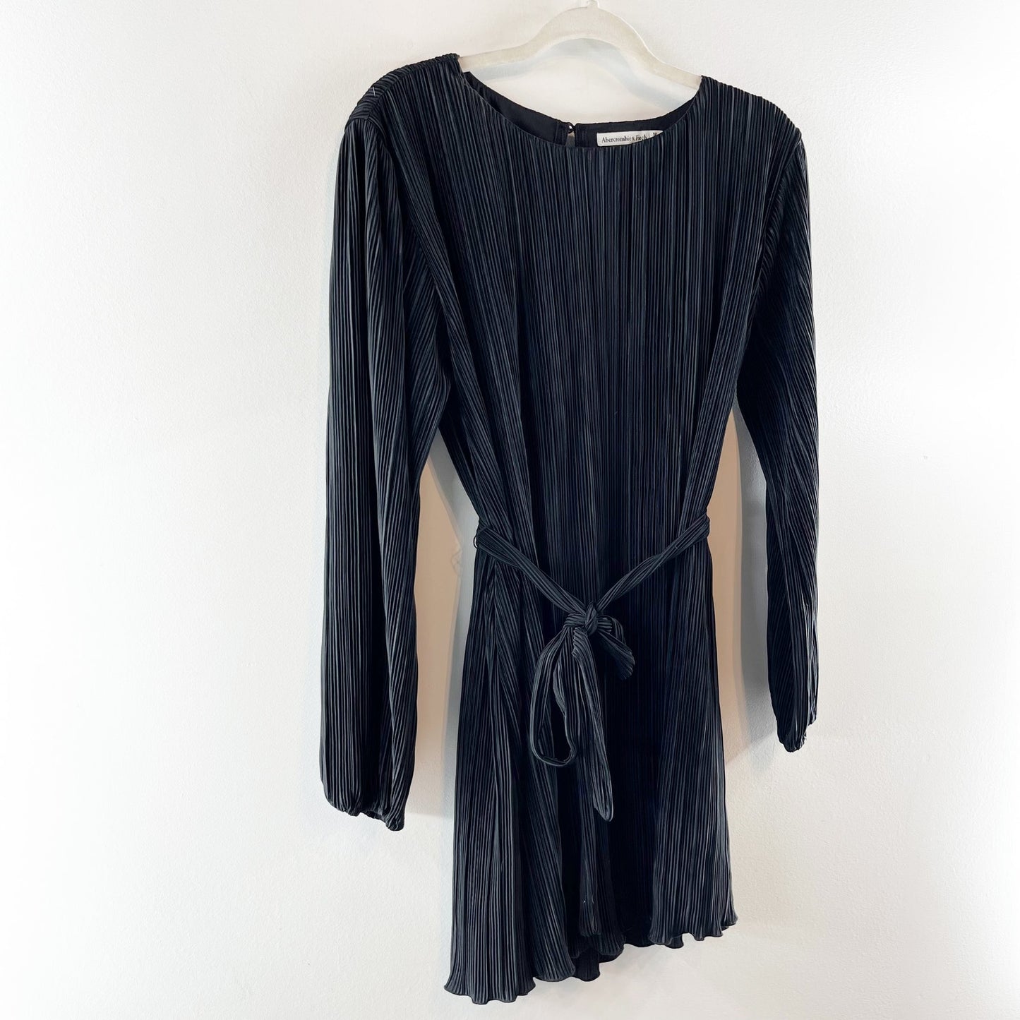 Abercrombie Satin Long Sleeve Plisse Belted Mini Dress Black Medium