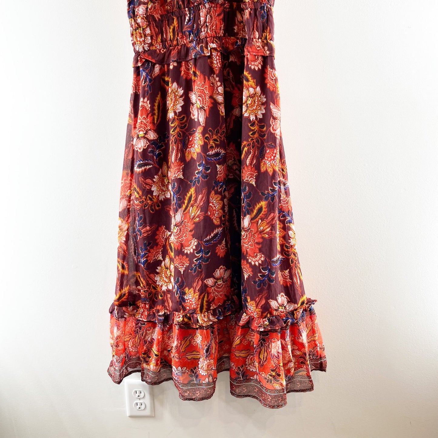 Old Navy Waist Defined Flutter Short Sleeve Floral Midi Dress Rust Red Small
