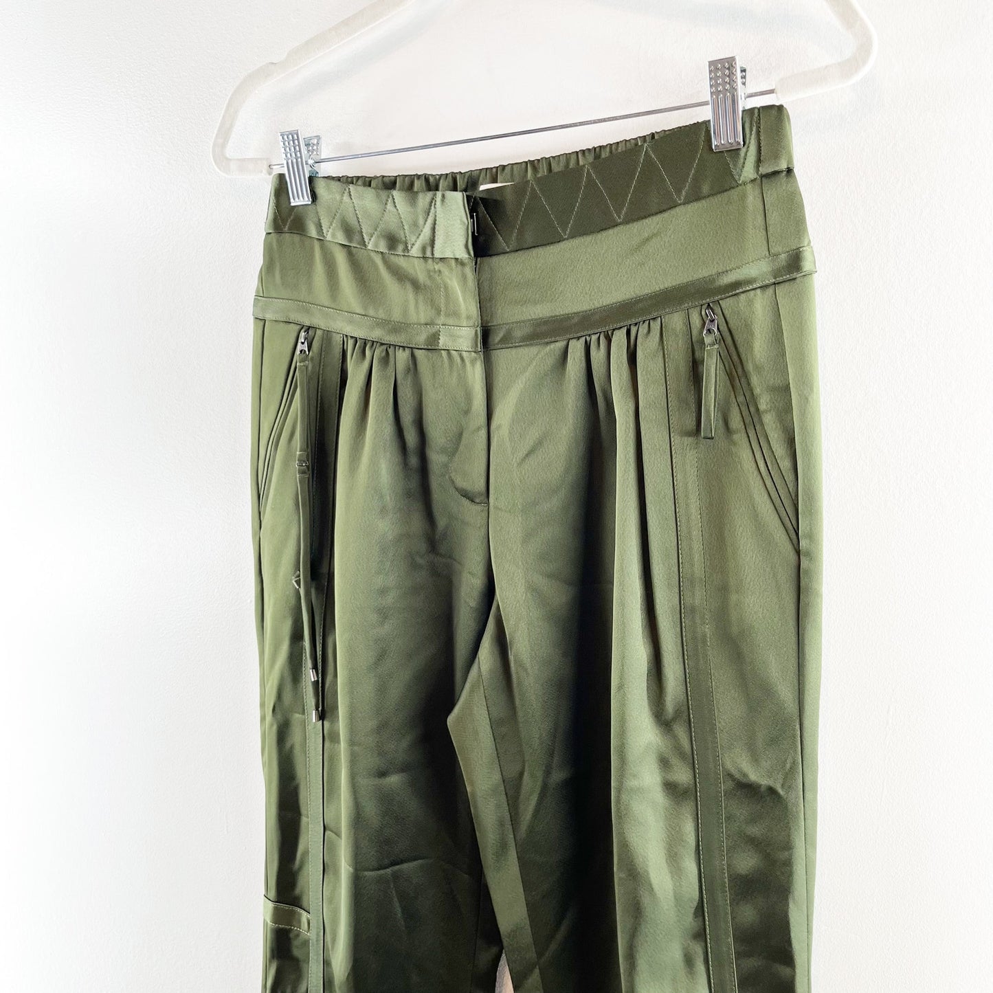 Halston Heritage Satin High Waisted Tapered Leg Joggers Pants Dark Forest Green