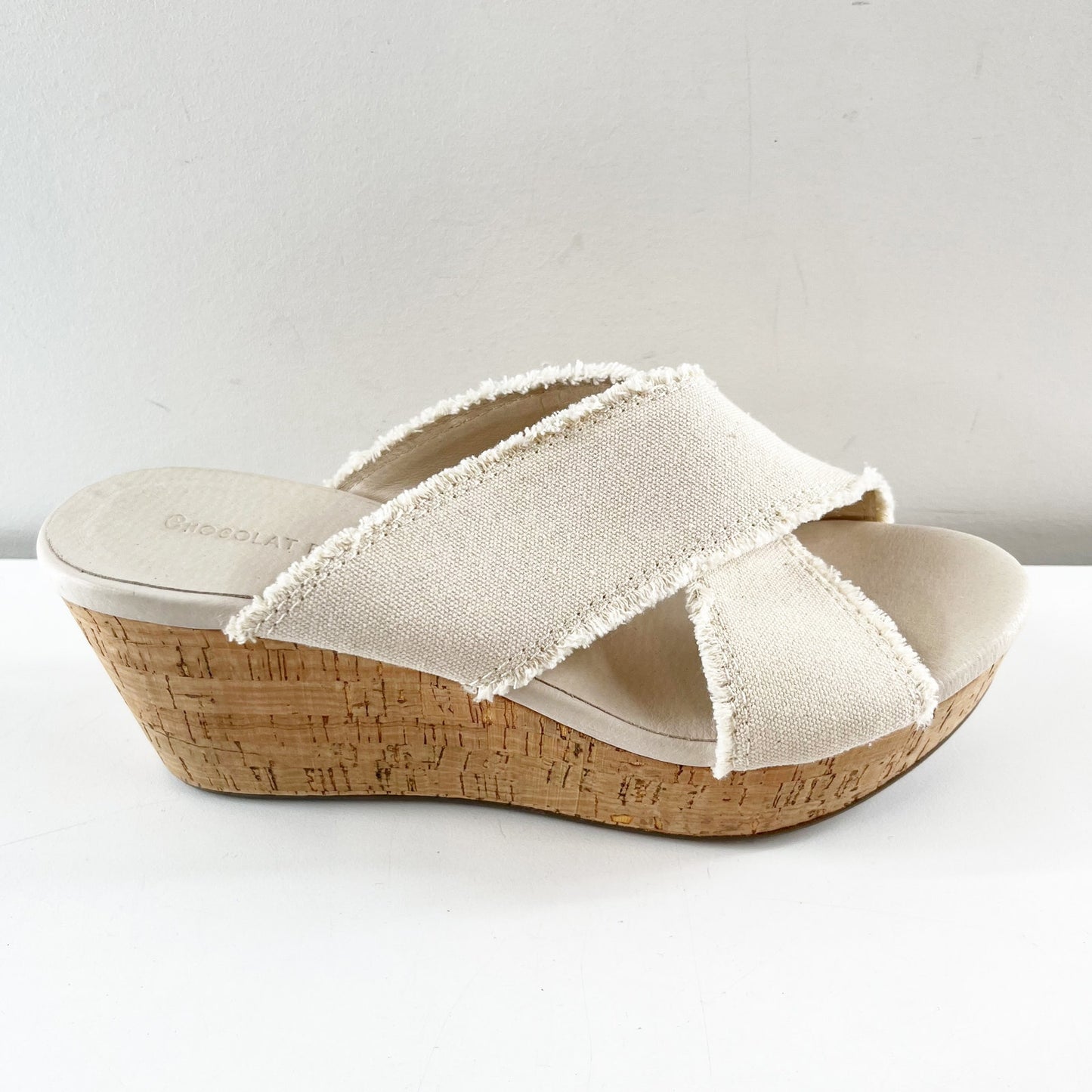 Chocolat Blu Criss Cross Cork Peep Toe Wedge Sandals Cream 8.5