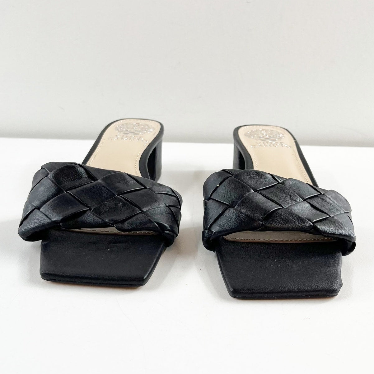 Vince Camuto Semtera Woven Kitten Block Heel Square Toe Slide Sandals Black 6.5