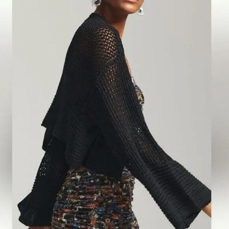 Anthropologie Juillet Flare Sleeve Cropped Cardigan Sweater Black One Size