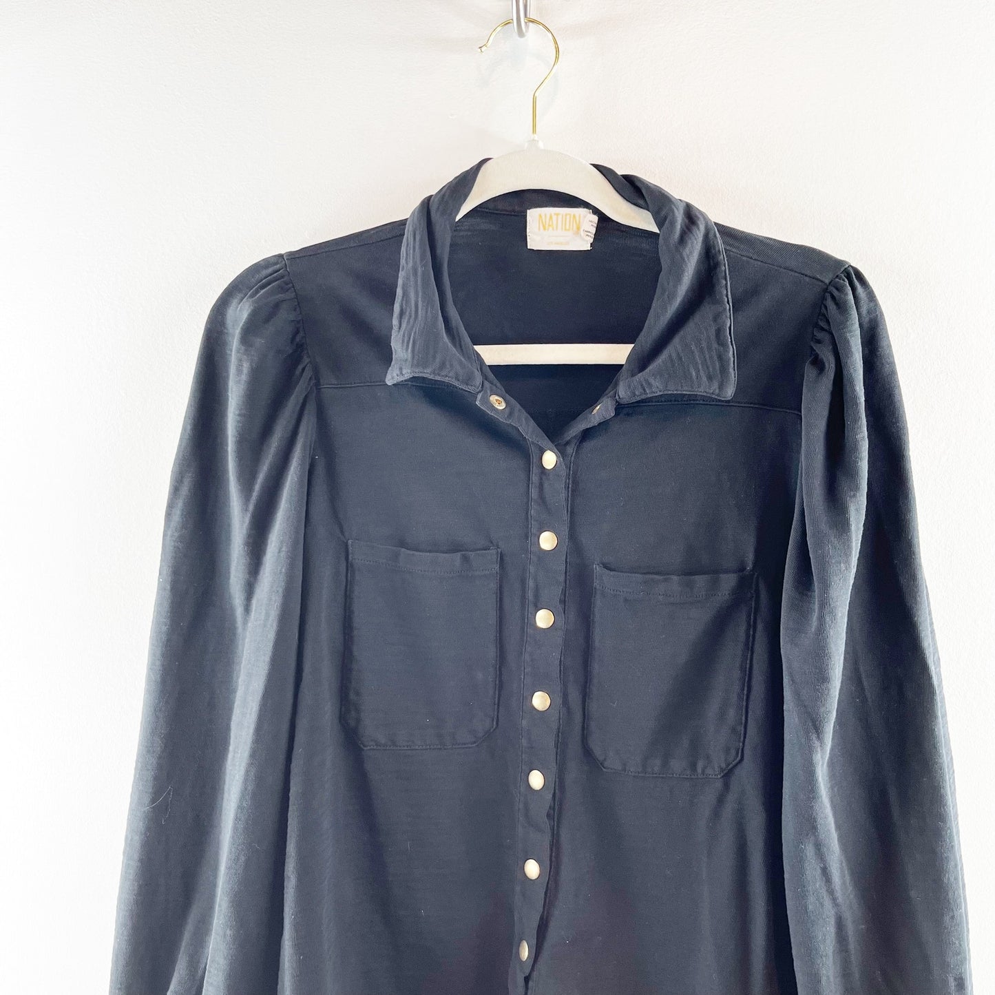 Nation LTD Desta Femme Bishop Sleeve Collared Snap Button Shirt Black Medium