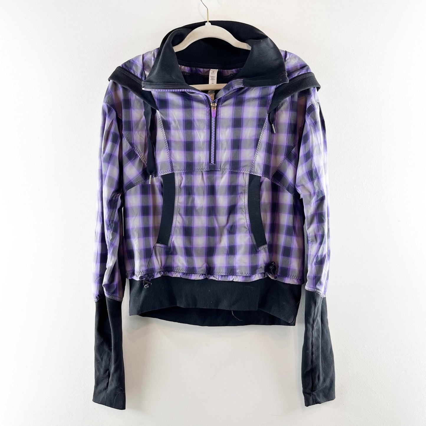 Lululemon Run Reflection 1/2 Zip Long Sleeve Plaid Hoodie Jacket Purple Black 10