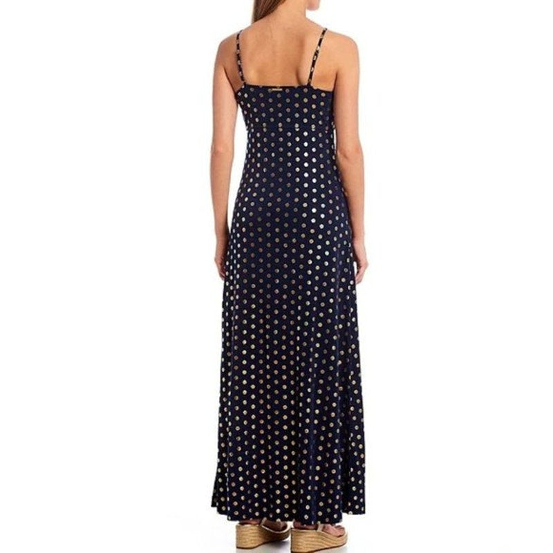 Michael Kors Medallion Foil Print Sleeveless Maxi Dress Navy Blue Gold Medium